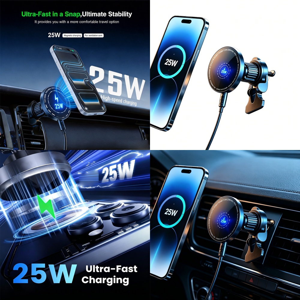 Wireless Car Charger Mount Fast Charging - Lüftungsschlitz-Handyhalterung 25W Magnetisches Auto-Wireless-Ladegerät Superschnell für