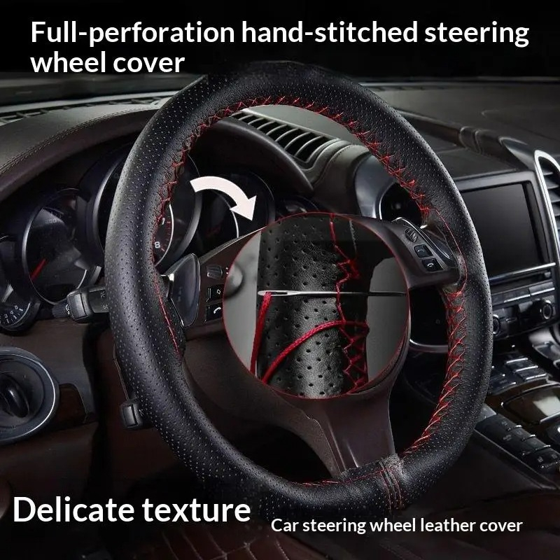 Car Steering Wheel Cover Anti Slip Breathable - Handgenähter Auto-Lenkradbezug aus Leder, atmungsaktiv, rutschfest,